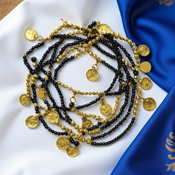 🆕 Handmade Indian Artisan Gold & Black Coin Charm 8-Piece Beaded Bracelet Set - Picture 6 of 11